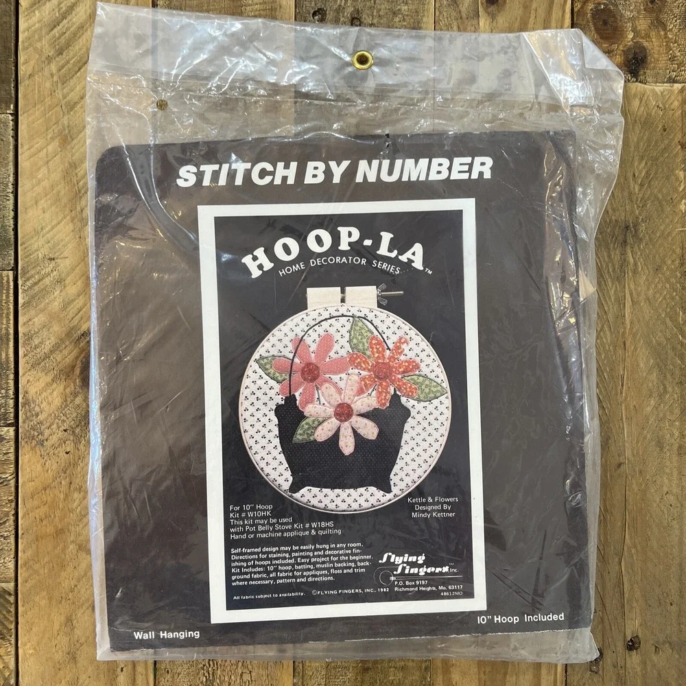 Vintage Stitch By Number Hoop-La Home Decor Series Wall Hanging Kettle & Flowers